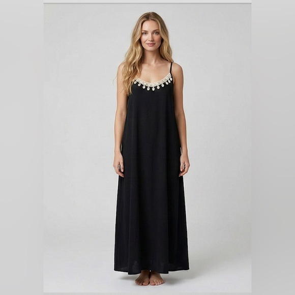 By Design Dresses & Skirts - LAST ONE 🔥 Boho Shell-Trimmed Maxi Slip Dress in Raven Black